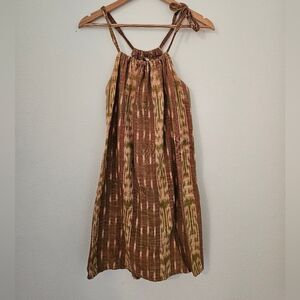 Sleeveless Boho Mini Dress in Brown & Olive Ikat Handmade